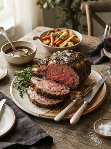 Overhead tablescape of a perfectly roasted prime rib on elegant ceramic dinnerware, warm natural side-lighting from a window, rich organic tones