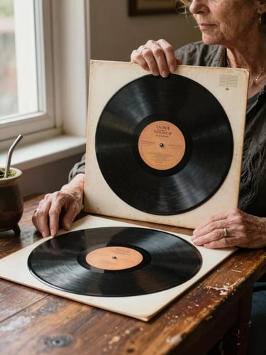 Close-medium shot of an older woman's hands resting on a worn wooden table beside a vintage vinyl record sleeve, warm diffused interior light from a window to the left, a half-drunk cup of mate visible at the edge