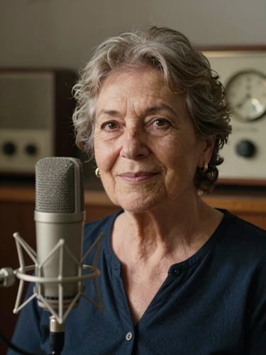 Medium portrait shot of an older Argentine woman at a vintage studio microphone, warm afternoon light catching her face as she looks directly into the camera with a knowing smile, analog radio dials softly blurred in the background