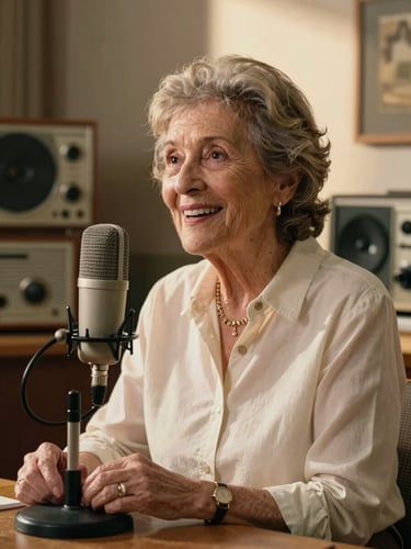 Medium shot of an older Argentine woman — Abuela Florinda — seated at a vintage broadcast microphone in a warmly lit studio, smiling mid-sentence, retro radio equipment visible in the background, diffused golden afternoon light