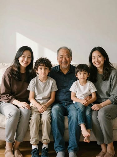 A warm portrait of a diverse foster family sitting together on a sunlit living room sofa, soft natural daylight, rich compassionate tones, authentic human connection, 35mm