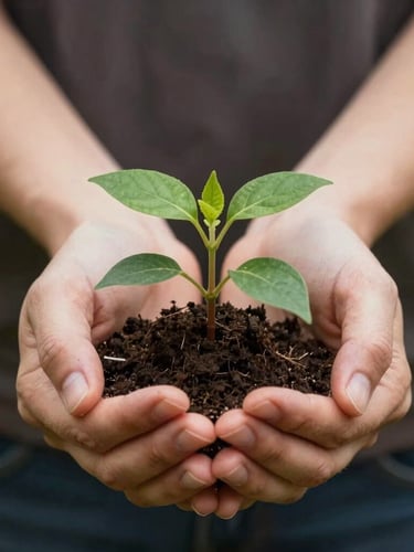 Warm editorial photography of two hands gently holding a small plant together, soft natural daylight, rich compassionate tones, authentic human connection, 35mm