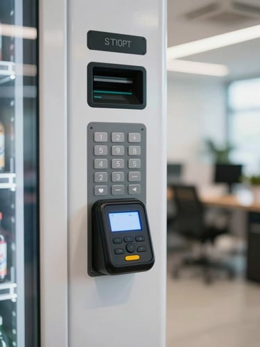 Close-up shot of a modern vending machine touch keypad and glowing contactless card reader, bright office lobby background, natural ambient lighting.