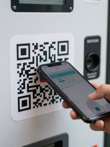 Close-up of a smartphone screen scanning a crisp QR code sticker on a clean vending machine surface, sharp focus, daylight