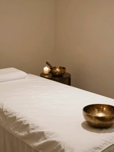 Wide environmental shot of a pristine, empty spa treatment room, soft ambient lighting, clean white linens on a massage bed, a brass singing bowl on a side table, deep charcoal and champagne gold tones, 35mm