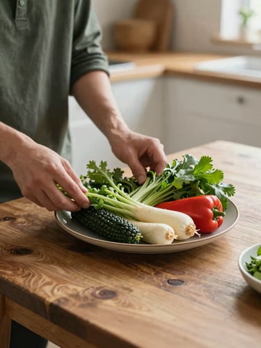 Medium shot of a photographer styling a plate of fresh, seasonal vegetables on a rustic wooden table, soft north-facing daylight, hands visible, cozy Scandinavian-inspired kitchen setting, rich green and parchment tones, 35mm
