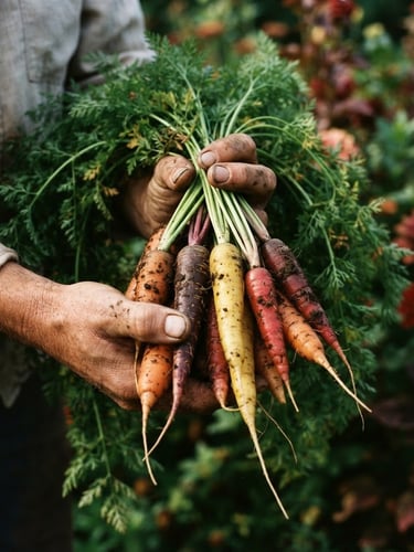 Close-up of a farmer's hands gently holding a bunch of freshly harvested, soil-grown heirloom carrots, soft north-facing daylight, rich crimson and forest green tones in the background, shallow depth of field, cozy editorial photography, 35mm.
