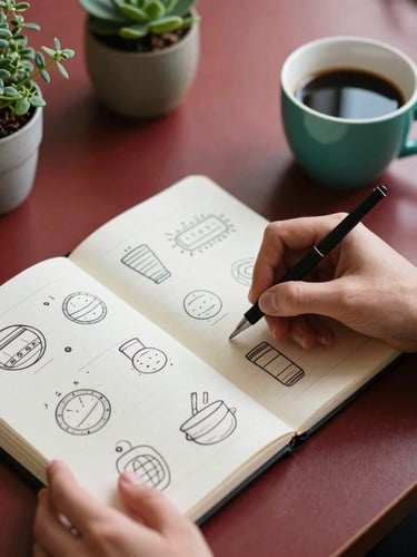 Overhead shot of hands sketching content ideas on a notebook next to a cup of coffee and a small pot of herbs, soft daylight, cozy editorial photography, 35mm.