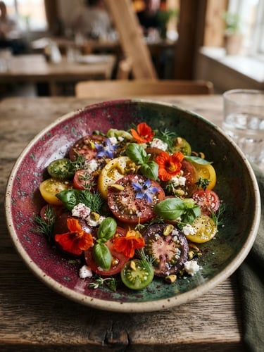 Close-up, overhead shot of a beautifully plated dish of heirloom tomatoes with fresh herbs, soft north-facing daylight, shallow depth of field, cozy Scandinavian-style restaurant setting in background, rich crimson and forest green tones, 35mm