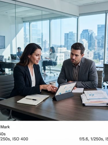 Wide panoramic of a modern, bright corporate office meeting room, two polished business professionals collaborating on a tablet, natural window light, sharp focus, cool blue tones. One professional is pointing at the screen, the other is listening intently. Expansive glass walls in the background, HR-related documents subtly visible on the table.