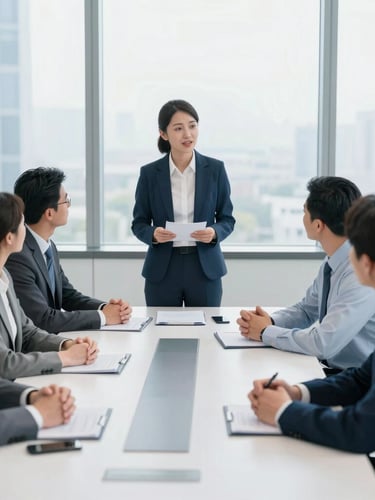 Professional HR consultant facilitating a corporate workshop, engaging with a group of executives around a modern conference table, bright natural office light, professional cool blue tones, sharp focus, 35mm lens.
