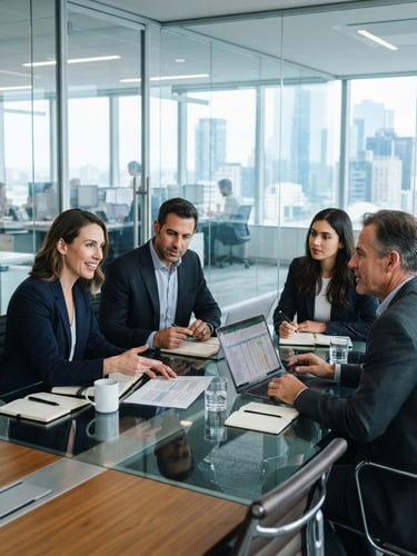 Polished HR professionals collaborating in a modern glass-walled office, bright natural office light, professional cool blue tones, sharp focus, 35mm lens
