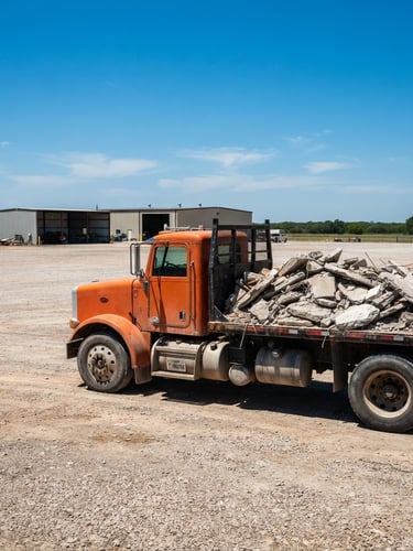 Wide shot of a heavy-duty orange flatbed truck parked in bright Texas sunlight, loaded with concrete debris, clean empty yard in background, sharp focus