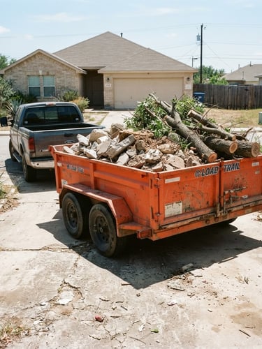 Wide-angle 35mm documentary photograph of a heavy-duty orange dump trailer parked on a concrete Texas driveway under bright direct sunlight. The trailer is loaded with concrete debris and tree limbs. Sharp focus, high-contrast industrial tones.