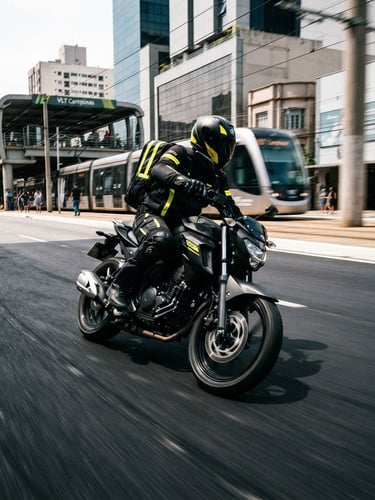 Dynamic low-angle shot of a professional motorcycle courier in black and hazard-yellow gear riding on clean asphalt, sharp motion blur, modern regional transit backdrop of Campinas, high-contrast daylight, 35mm