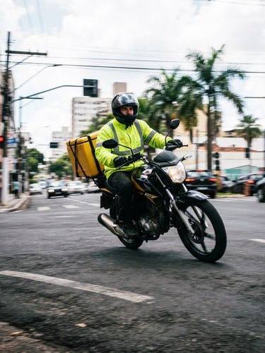 Dynamic low-angle shot of a professional motorcycle courier in a high-visibility yellow jacket riding on a clean asphalt road in Campinas, dramatic urban daylight, sharp motion blur, 35mm