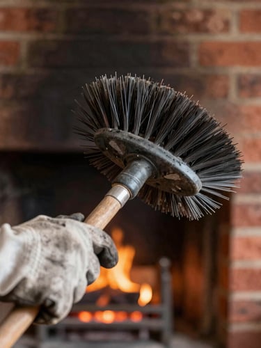 Close-up of a chimney sweep's hands, gloved and soot-dusted, holding a traditional wire brush, with a blurred background of a brick fireplace interior, warm indoor hearth light.
