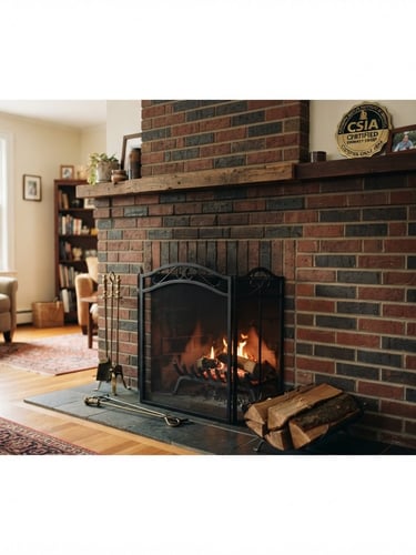 Wide panoramic shot of a clean, recently swept brick fireplace hearth, warm light from a low fire, a CSIA certification badge visible on a nearby shelf, natural daylight.