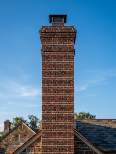 Wide exterior shot of a meticulously restored brick chimney against a clear blue sky, late afternoon light, with a subtle focus on the clean tuckpointing and new chimney cap.