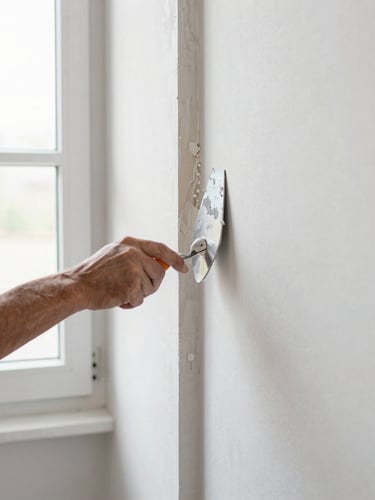 An artisan plasterer using a hand trowel to smooth a drywall joint, bright natural daylight from a nearby window, clean workspace, professional composition