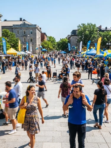 Bright candid street photography of a sunny public plaza with people walking and enjoying a free outdoor community event, vibrant blue and yellow accents, wide-angle lens