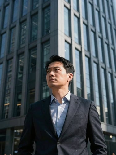 A focused executive in deep thought, sharp architectural background of a modern office building, cool daylight, high contrast, 35mm