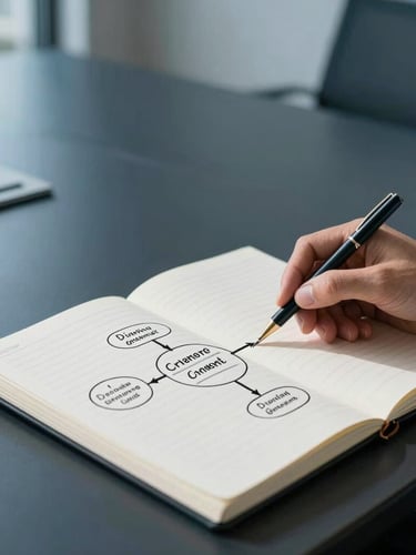 Close up of an executive's hand mapping out a strategic framework on a crisp paper notebook, clean architectural lines of a high-end boardroom in the background, cool daylight