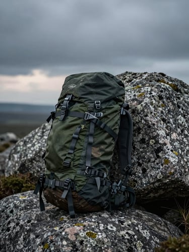 Wide environmental shot of a loaded expedition pack leaning against a lichen-covered granite boulder at dusk, overcast sky behind, camp gear worn and trail-dirty, no people in frame, moody charcoal and forest green tones
