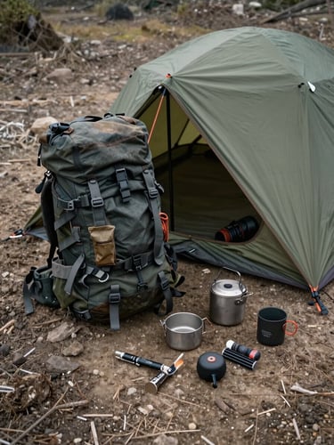 Overhead view of an expedition camp layout on rough terrain — a packed load-bearing backpack open beside a tarp shelter, titanium cookware and fire-starting kit arranged on bare earth, overcast flat light from above, gear showing visible use and wear, no people, framed tight to emphasize function over aesthetics