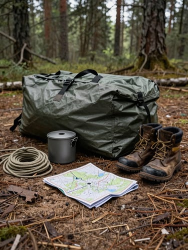 Overhead close-up of expedition packing laid out on forest floor — tarp, rope, cookset, worn boots, folded map — natural overcast light filtering through pine canopy, sand and brown earth tones, no people