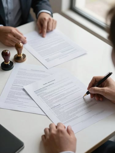 Overhead wide shot of a closing table, hands reviewing a title abstract document, official seals and signed papers spread across the surface, natural window light from the right, crisp document detail visible mid-frame