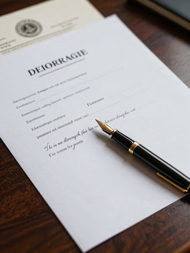 Close-up overhead composition of official title abstract documents spread across a dark mahogany desk, a gold-tipped fountain pen resting diagonally across signed pages, stamped seals and notary marks visible in sharp focus, studio lighting from above with crisp shadows, no people