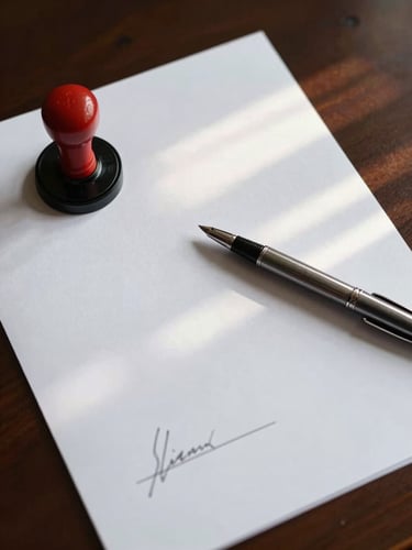 Close-up overhead composition of official closing documents with raised notary seal and signature lines, a pen resting mid-page, natural window light raking across the paper surface, clean white document against a dark mahogany desk