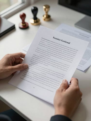 Close-up overhead view of hands methodically reviewing a title abstract document on a clean desk, official seals and notary stamps visible, natural window light falling across the papers from the left, crisp document edges in sharp focus