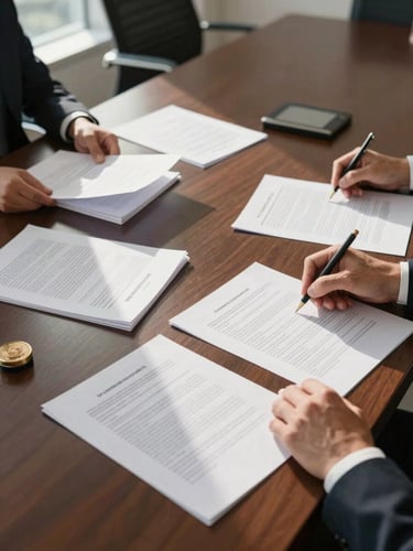 Wide shot of a polished conference room table from above, closing documents and title abstracts spread open, two sets of hands reviewing pages, official seals visible, natural window light from the left casting clean shadows across the papers