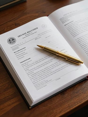 Close overhead composition of an open title abstract binder on a mahogany desk, official county recorder stamps and property legal descriptions visible, a gold-barreled pen resting across the page, studio lighting from above with clean shadows