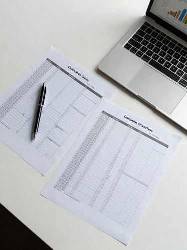 Overhead flat-lay of a desk with printed consortium group spreadsheets, a pen resting on data rows, and a laptop screen showing a comparison chart—studio strobe lighting, high contrast, clean white surface, no people visible