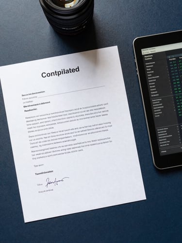 Overhead flat-lay of financial documents, a printed contemplated-letter form and a tablet displaying a data dashboard, on a dark navy desk surface under bright north-facing studio light, high contrast, no shadows