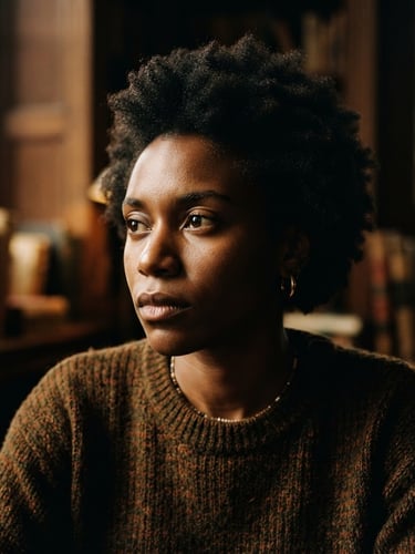 Close-up high-contrast editorial portrait of a young African intellectual looking thoughtfully off-camera, dramatic shadows, warm earth tones, 35mm film grain