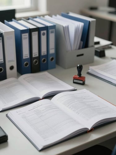 Wide environmental shot of an organized administrative workspace in diffused indoor daylight — open folders arranged on a desk, a rubber stamp beside completed forms, neatly labeled file dividers, no people visible