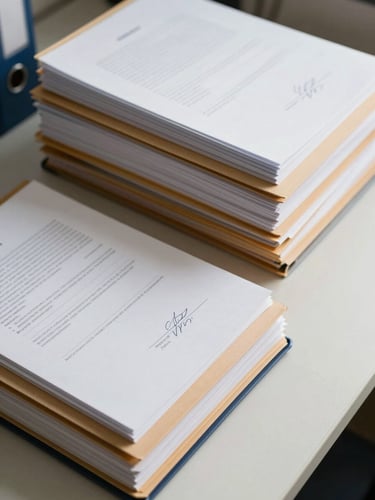 Close-up overhead shot of neatly stacked administrative folders and signed documents on a clean white desk, soft north-facing daylight, organized filing tabs visible at the edges