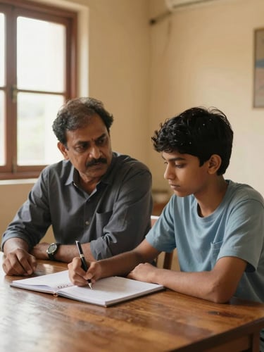 Close three-quarter angle of a mentor and a teenage student seated side by side at a low wooden table in a sunlit room, the mentor leaning slightly toward the student whose pen is paused over an open notebook, natural daylight from a window just out of frame, Karnataka interior, warm ochre walls