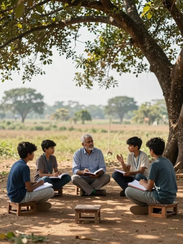 Wide environmental shot of a small outdoor learning circle at OLA, four students seated on low wooden stools around a mentor in dappled afternoon light under a large tree, notebooks open, one student mid-gesture while speaking, Karnataka landscape visible in the soft background