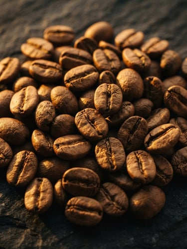 Macro close-up of uniform light-roasted Ethiopian coffee beans on a dark textured stone background, dramatic side-lighting, warm golden hour tones.