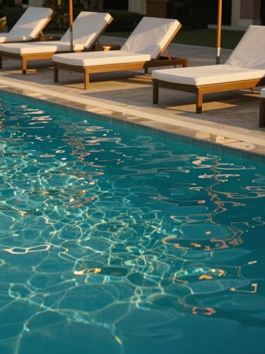 Cinematic vertical portrait of a pristine luxury outdoor swimming pool, crystal-clear turquoise water, elegant sun loungers with white cushions, golden hour sunlight casting long shadows.