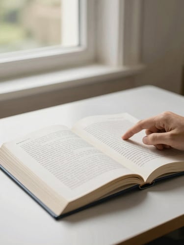 Cambridge textbook open on a clean desk, a hand pointing to a specific exercise, soft natural window light, academic navy and cream tones, shallow depth of field, 35mm. Emphasize the academic rigor.