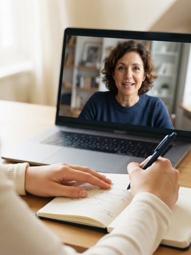 Close-up of a clean laptop screen showing an active video call with a friendly teacher, a student's hands taking notes in an open notebook, soft natural window light, academic navy and cream tones, shallow depth of field, 35mm. The teacher is a warm, encouraging presence.