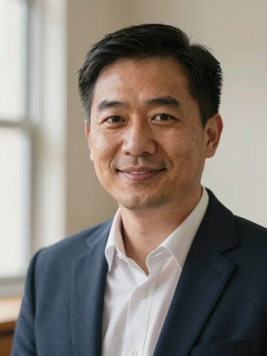 Close-up portrait of a friendly, professional male teacher (Professor Richardson) in an academic setting, looking directly at the camera, soft natural window light, academic navy and cream tones, shallow depth of field, 35mm.