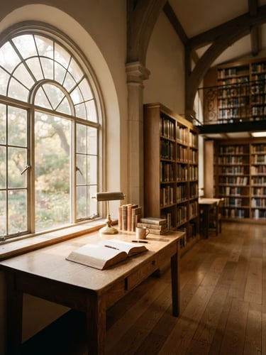 Wide panoramic shot of a quiet, sunlit library interior, focusing on an architectural window with natural light streaming onto a wooden desk, empty of people, shallow depth of field, 35mm film grain, muted warm tones.