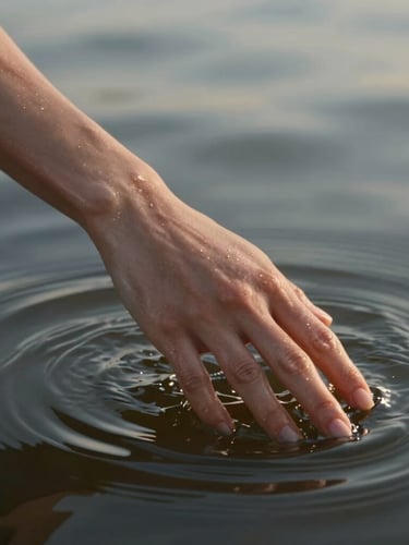 A close-up of a dancer's hand gently floating on the dark river surface, water ripples reflecting soft morning light, wet skin texture